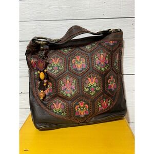 ISABELLA FIORE folk tale fantasy leather applique crocheted shoulder bag LARGE